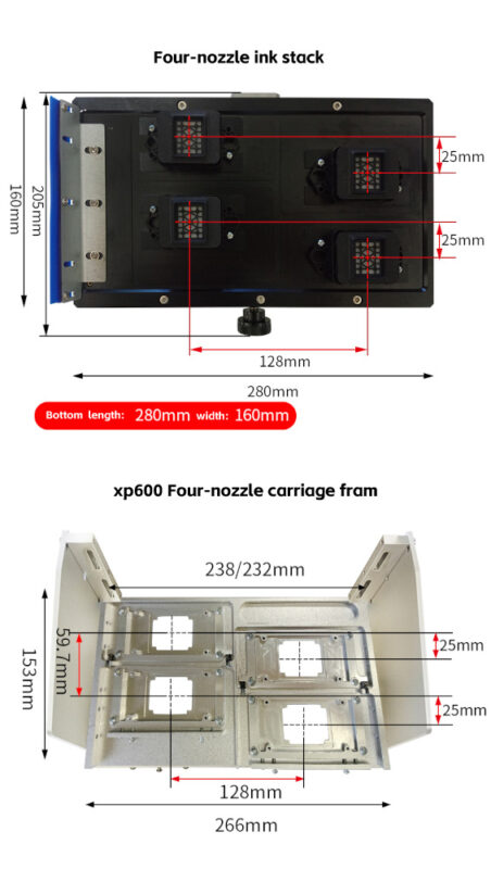 XP600 4 - Nozzle Printing Components - Ink Stack & Carriage Frame with Dimensions (Precision for Large - Format UV Printers)